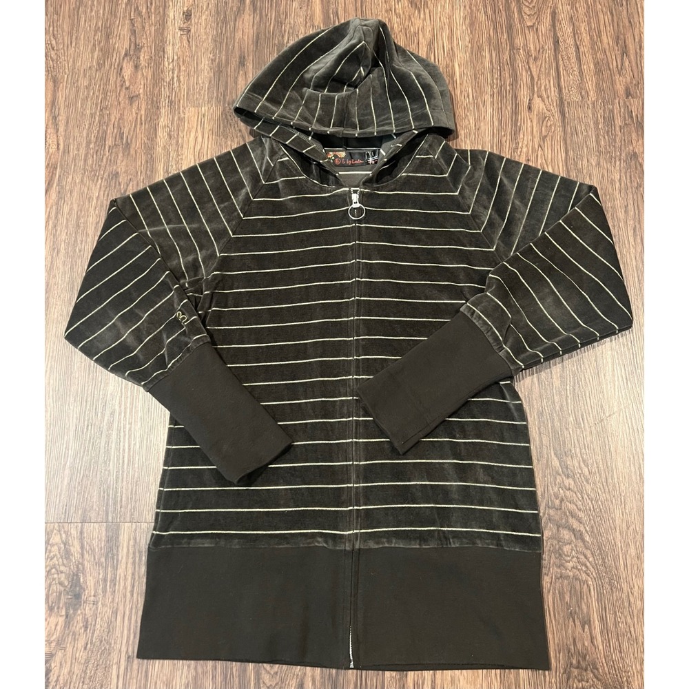 B by Burton Women Velour Zip Up Hoodie Charcoal Gold Lurex Stripe Longline sz L